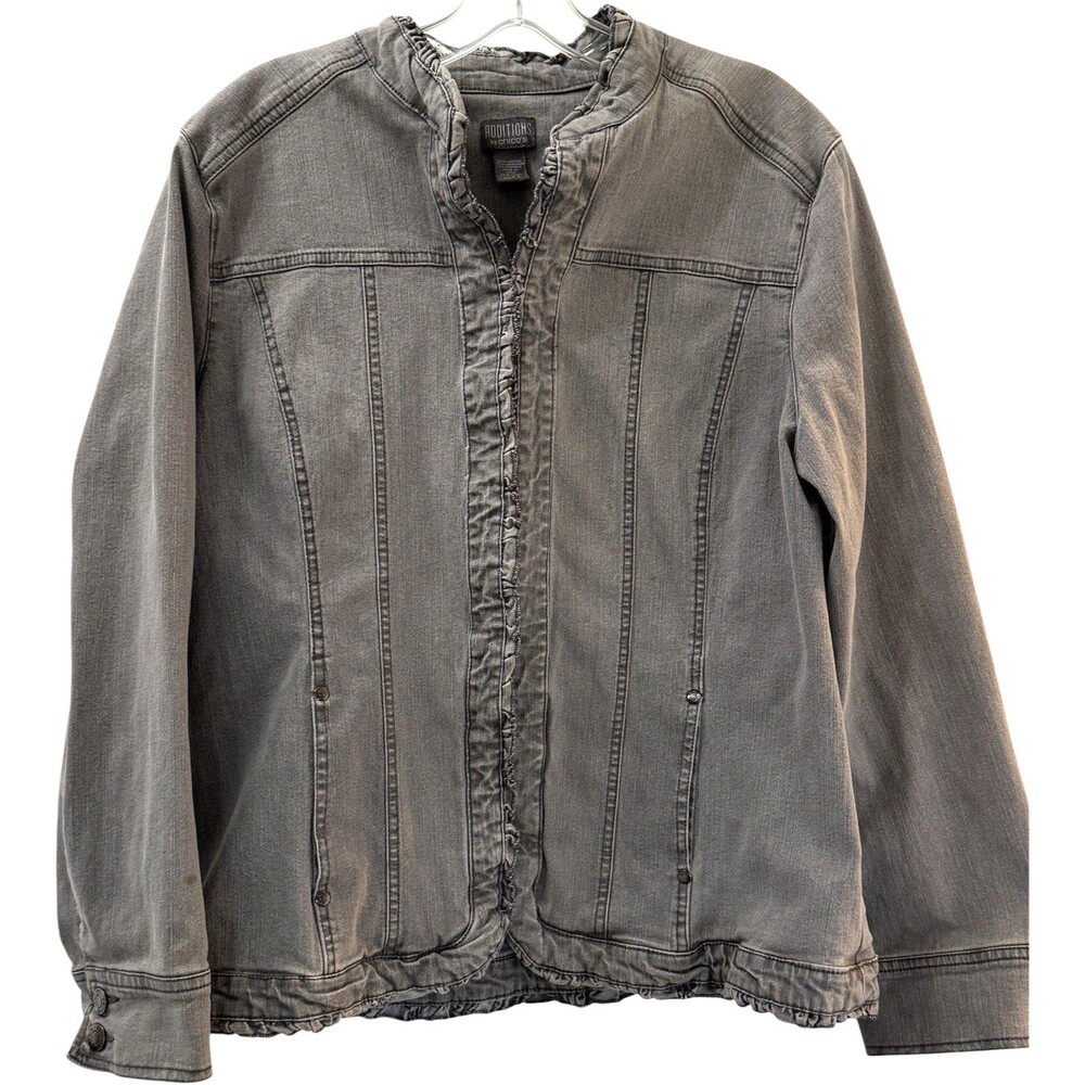 Chicos Jean Jacket Gray Denim Pockets XL (3) 16 Ruffle Trim Hook Eye Closure